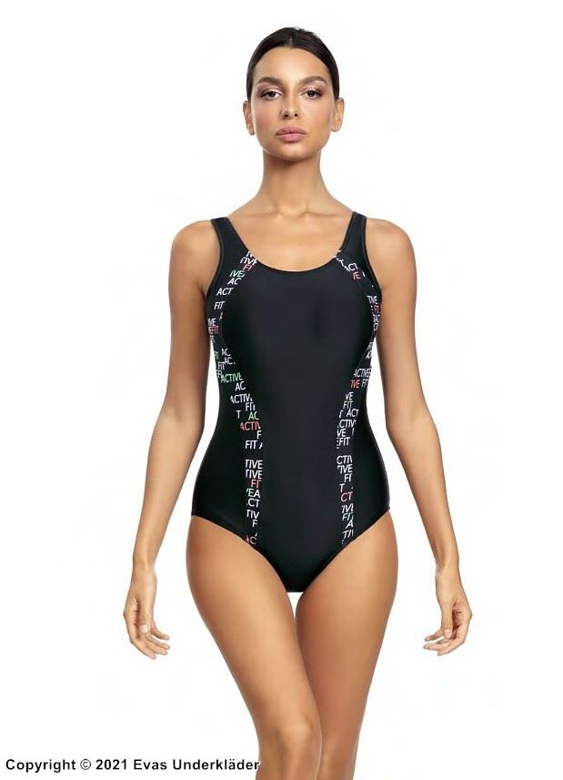 One-piece swimsuit, wide shoulder straps, stiffened cups